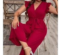 Combinaison ample de couleur unie avec col en V, volants et ceinture à la taille pour un look casual d'été ou des vêtements du Nouvel An 0XL,1XL,2XL,3XL,4XLUnicoloreÉtoffe