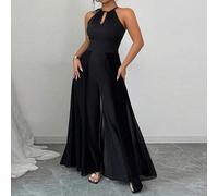 Combinaison ample élégante pour les déplacements, noire unie, sans manches, avec cravate au cou, taillée, en mousseline de soie transparente, pour femmes, bal 0XL,1XL,2XL,3XL,4XLUnicoloreÉtoffe