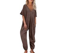 Combinaison ample pour femme - Combinaison douillette - Col en V - Longue - Combinaison amusante - Combishort sportif - Combinaison d'été large - Légère, moelleuse, Marron, XXL