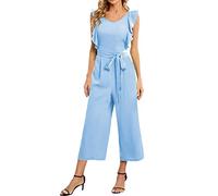 Combinaison ample pour femme, jambe droite, couleur unie, taille droite, confortable, décontracté, vacances, voyage, vie quotidienne, élégante, manches courtes, Z1-bleu clair, L