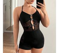 Combinaison avec encolure à licou, panneau en dentelle ajouré, décoration de strass, combinaison noire L,M,S,XSUnicoloreTissu tricoté