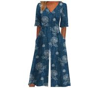 combinaison boheme chic femme manche courte casual, combinaison ete fluide grande taille col v Romper Salopette à Jambes Larges Loose Overalls Salopette à La Mode Playsuit avec Poches (Navy, XXXL)