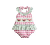 Combinaison Carreaux pastèque, bébé Fille, sans Manches, brodée, Nouveau-né#Z