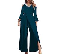 Combinaison Chic Femme, Combinaison éLéGante pour Femme Fendue à Sequins Col en V Jambes Larges Et Manches éVaséEs