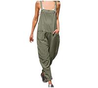 Combinaison confortable en coton pour femme - Salopette fine - Pantalon d'été avec bretelles - Une pièce - Pantalon de travail - Poches - Pantalon à bretelles - Sans manches - Légère, Vert armée., L