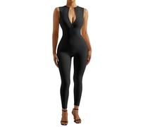 Combinaison côtelée sans manches pour femme - Combinaison avec demi-fermeture éclair - Sans coutures - Pour le yoga - Stretch - Épaules dénudées - Push Up - Combinaison de sport et de loisirs