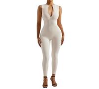 Combinaison côtelée sans manches pour femme - Combinaison avec demi-fermeture éclair - Sans coutures - Pour le yoga - Stretch - Épaules dénudées - Push Up - Combinaison de sport et de loisirs