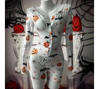 Combinaison courte à col zippé, motif Halloween tout-sur-imprimé, coupe près du corps, manches longues, pour femmes. Super doux et confortable, grande élasticité, ambiance Halloween, pour un port casu