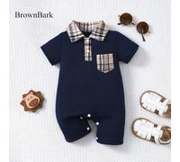 Combinaison courte à manches courtes décontractée pour garçons nourrissons et bambins, motif à carreaux avec col polo et poche. Combinaison d'été pour enfants 6-9M,9-12M,12-18M,1-3M,3-6MGéométriquePol