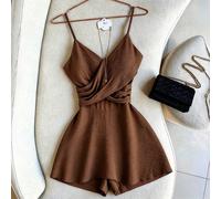 Combinaison courte pour femme à bretelles spaghetti, taille cintrée, élégante, polyvalente, style île, mode française, design multicouche, printemps-été L,M,S,XLUnicoloreTissu tissé