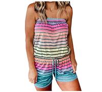 Combinaison courte pour femme - Bandeau sans manches - Combinaison d'intérieur bohème à rayures - Combinaison d'été pour femme - Short sexy - Combinaison à bretelles - Combinaison de loisirs, Rose,