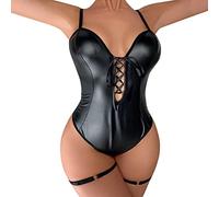 Combinaison Cuir Sexy Femme Érotique - Lingerie pour Femmes 1 Pc Cuir Teddy Body Lingerie Sexy Découpe Épaules Dénudées Joint PU À Lacets Jarretière Teddy Body (Black M)