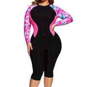 Combinaison de Bain Femme Manches Longues, Maillot 1 Pièce Grande Taille avec Fermeture Zippée Devant, Imprimées Floral, Panneaux Contrastés sur Les Côtés, Tenue de Natation pour Plage et Piscine