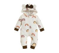 Combinaison de jeu unisexe pour bébé avec capuche et nœud, manches longues, fermeture éclair et nœud, marron, 0-3 mois