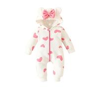 Combinaison de jeu unisexe pour bébé avec capuche et nœud, manches longues, fermeture éclair et nœud, Rose, 12-18 mois