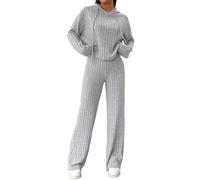 Combinaison de jogging pour femme - Avec capuche - Manches longues - Pull en tricot côtelé - Pantalon de frappe - Ensemble de sport - Tenue de loisirs - Combinaison de maison, gris, L