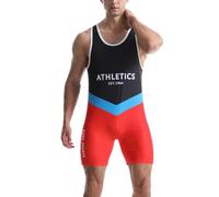 Combinaison de lutte pour homme - Tenue de sport moulante - Sans manches - Pour entraînement de gym, haltérophilie, Bleu marine, rouge, S