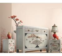Combinaison de meubles asiatiques chinois vintage gris clair-beige Sideboard commode armoire mariage, 2 tables de chevet chevalets shabby