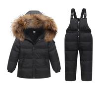 Combinaison de Neige Fille Garçon Doudoune à Capuche + Pantalons de Ski Enfant 2PCS Ensemble de Ski Bébé Manteau de Duvet Salopettes de Ski Hiver Veste Snowsuit, Noir 4-5 Ans