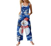 Combinaison de Noël pour femme - Salopette de Noël pour femme - Imprimé Père Noël - Tunique longue - Taille haute - Coupe ajustée - Jambe large - Avec poches - Rose, bleu, marron
