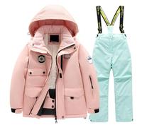 Combinaison de Ski Enfant Veste de Duvet à Capuche et Pantalons de Neige 2 Pièces Manches Longues Hivers Ensemble de Ski 2 Pièces Fille Garçon Pantalons de Ski et Doudoune à Capuche pour 3-10 Ans