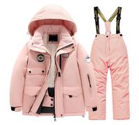 Combinaison de Ski Enfant Veste de Duvet à Capuche et Pantalons de Neige 2 Pièces Manches Longues Hivers Ensemble de Ski 2 Pièces Fille Garçon Pantalons de Ski et Doudoune à Capuche pour 3-10 Ans