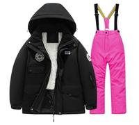 Combinaison de ski lourde 2 pièces pour garçon - Ensemble bavoir et veste d'hiver - Épais - Coupe-vent - Imperméable - Pantalon de ski et de snowboard, rose vif, 5 ans