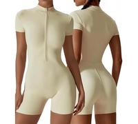 Combinaison De Sport Femme Combinaison De Yoga Manches Courtes Short Jumpsuit De Sport Avec Fermeture Eclair Fitness Bodys Femme Couleur Unie, Confortable Et Respirante