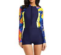 Combinaison de surf en néoprène pour femme - Avec fermeture éclair - Une pièce - Maillot de bain à manches longues Rashguard UPF 50+ - Maillot de bain - Protection solaire, U bleu 2, XL