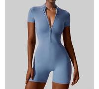 Combinaison de yoga à manches courtes pour femme avec fermeture éclair, coupe ajustée, longueur normale, pour un usage quotidien et un style de vie actif (taille XL, bleu)