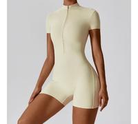 Combinaison de yoga à manches courtes pour femme avec fermeture éclair, coupe ajustée, longueur normale, pour un usage quotidien et un style de vie actif (S abricot)