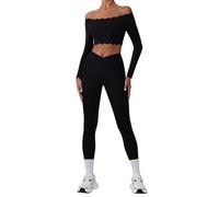 Combinaison de yoga en dentelle avec soutien-gorge d'épaule pour femme - Pantalon de fitness taille haute, Yw544 + Kw421 Noir, M/6 US