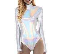 Combinaison de yoga pour femme en cuir PVC métallique brillant avec col montant et manches longues, Argenté., M