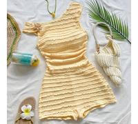Combinaison décontracté de vacances pour femmes, rayée, sexy, avec un col asymétrique et une décoration en métal en forme d'étoile de mer. Convient pour la plage, les croisières, les vacances en ville