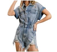 Combinaison Decontracté Femme - Combinaison Short en Jean Vieilli pour Femme avec Taille élastique et Manches Courtes été Salopette Bleu