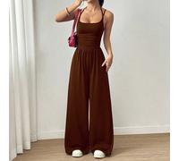 Combinaison décontractée plissée à jambes droites amples pour femmes, printemps/été vacances, marron café, femmes grandes Tall XS,Tall S,Tall M,Tall L,Tall XLUnicoloreÉtoffe
