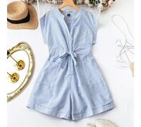 Combinaison décontractée sans manches rayée pour femme grande taille, col en V à encoche double poche pour l'été 0XL,1XL,2XL,3XL,4XLRayéTissu tissé