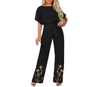 Combinaison d'été élégante à manches courtes pour femme - Couleur unie - Combinaison avec ceinture - Décontractée - Grenouillère d'été confortable - Jambes larges - Une pièce, Y01-or, XL