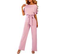 Combinaison d'été élégante à manches courtes pour femme - Couleur unie - Combinaison avec ceinture - Décontractée - Grenouillère d'été confortable - Jambes larges - Une pièce, X03 - Rose, XL