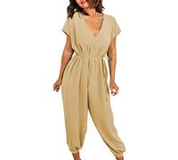 Combinaison d'été élégante à manches courtes pour femme - Couleur unie - Combinaison avec ceinture - Décontractée - Grenouillère d'été confortable - Jambes larges - Une pièce, Z01 - Jaune, L