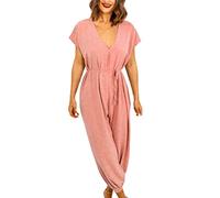 Combinaison d'été élégante à manches courtes pour femme - Couleur unie - Combinaison avec ceinture - Décontractée - Grenouillère d'été confortable - Jambes larges - Une pièce, Z01 - Rose., XL