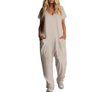Combinaison d'été longue pour femme - Combinaison à manches courtes - Col en V - Barboteuse grande taille - Entrejambe profonde - Pantalon d'été ample - Couleur unie - Avec grandes poches, kaki, L