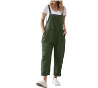 Combinaison d'été pour femme en coton et lin avec bretelles - Coupe ample - Sans manches - Bretelles réglables - Couleur unie - Avec poches - Vêtement de travail décontracté, Vert, M