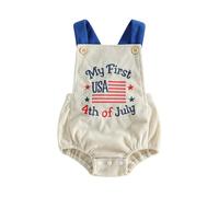 Combinaison d'été pour garçon en velours côtelé brodé, parfaite pour les fêtes patriotiques et occasions spéciales, avec boutons pression pour habillage facile, disponible en plusieurs tailles de 0 à
