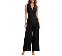 Combinaison D'Été sans Manches pour Femme Couleur Unie Chic Et Élégant Salopette sans Manches Col en V Combinaisons Basique Classique Jumpsuit Jambe Large Longue Overall Lâche Fluide Playsuit