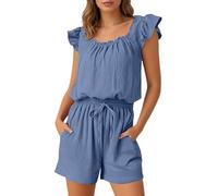 Combinaison d'été tendance pour femme - Col carré - Manches flatteuses - Confortable - Élégante - Avec cordon de serrage et poches - Pour la maison, les vacances et la rue, O bleu., XL