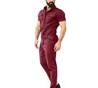 Combinaison d'été une pièce pour homme - Manches courtes - Couleur unie - Avec fermeture éclair - Pantalon de jogging - Survêtement avec plusieurs poches - Confortable et décontracté