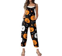 Combinaison d'Halloween pour femme avec motif tête de mort, citrouille, bretelles, jambes larges, salopette ample et ample avec motif squelette - Barboteuse décontractée à bretelles réglables