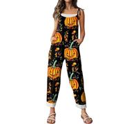 Combinaison d'Halloween pour femme avec motif tête de mort, citrouille, bretelles, jambes larges, salopette ample et ample avec motif squelette - Barboteuse décontractée à bretelles réglables
