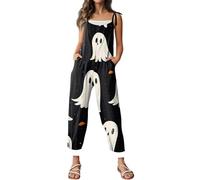 Combinaison d'Halloween pour femme avec motif tête de mort, citrouille, bretelles, jambes larges, salopette ample et ample avec motif squelette - Barboteuse décontractée à bretelles réglables